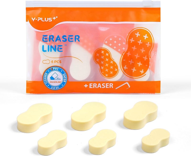 Y plus+ Eraser Line - Hipolymer Pencil Erasers for School Office, Cute White Rubber Eraser for Kids, Artist No Residues, 6 Pcs Stocking Stuffers for Kids Toddler - Image 1